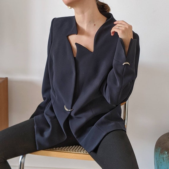 Vintage 90s Navy Blue Blazer Asymmetric collar mad