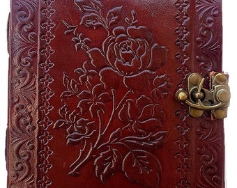 Vintage Retro Notebook with Real Leather Cover with Embossed Rose