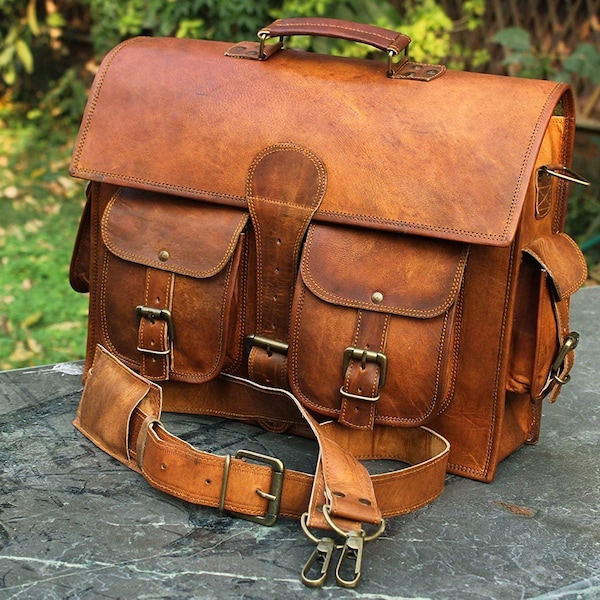 15" Vintage Leather Messenger Soft Leather Briefcase Satchel Leather Laptop Messenger Bag for Men and Women