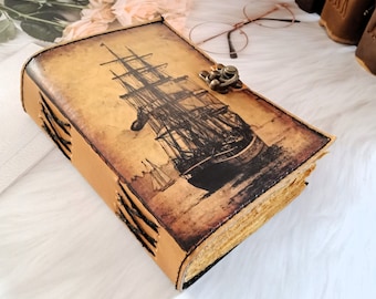Ship Leather Journal Vintage Boat Printed Leather dairy, Notebook, Dream journal, writing journal, deckle page sketchbook, Notepad, journal.
