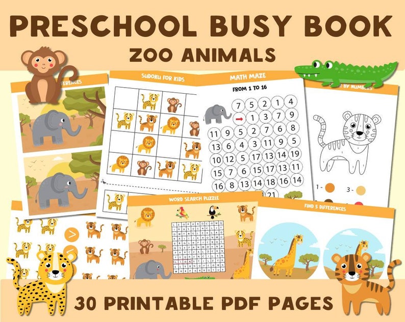 printable busy book zoo animals worksheets preschool etsy australia