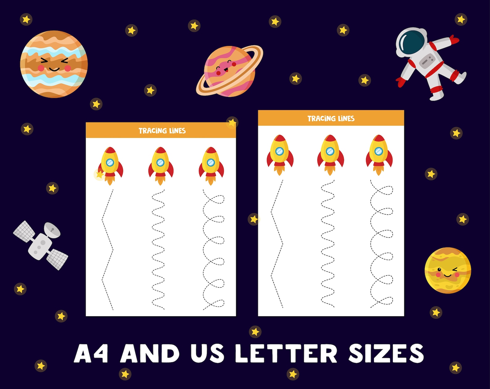 Space themed tracing lines for kids. Handwriting practice for Etsy