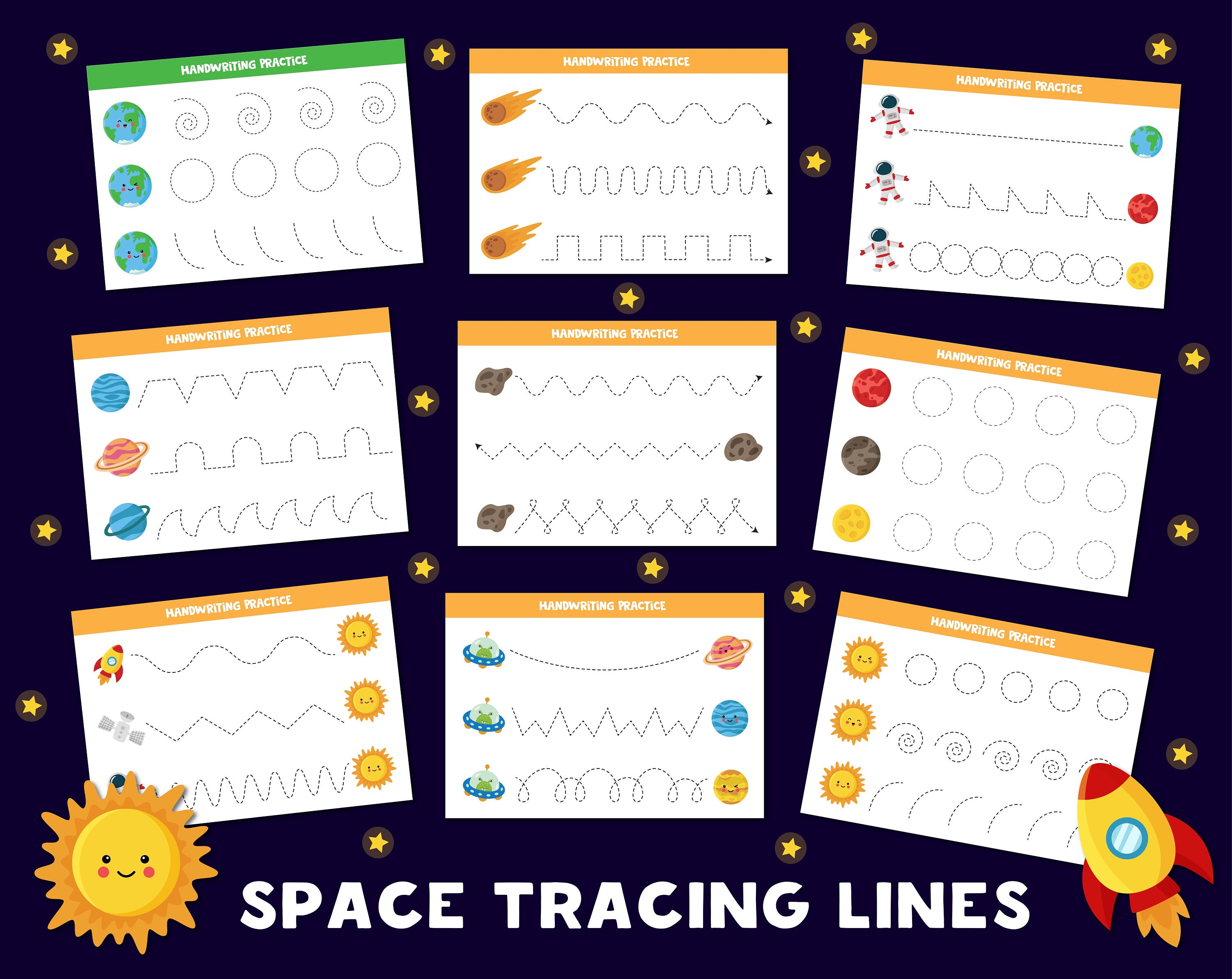 Space themed tracing lines for kids. Handwriting practice for Etsy