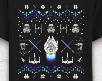 Christmas Star Wars Shirt with stormtrooper, tie fighter, falcon, x wing