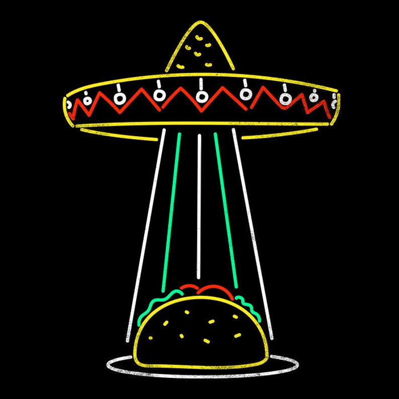 May include: A yellow and red sombrero shaped UFO with white and green beams of light shining down on a yellow taco with lettuce and tomato filling.
