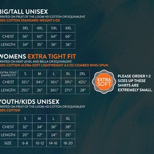 Puede incluir: Tabla de tallas para camisetas unisex en tallas grandes/altas, tallas extra ajustadas para mujeres y tallas para ni&ntilde;os. La tabla muestra las medidas de pecho y largo en pulgadas. La tabla tambi&eacute;n incluye recomendaciones de tallas para camisetas para ni&ntilde;os.