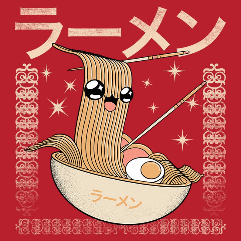 May include: A cartoon illustration of a bowl of ramen with a smiling face made of noodles. The bowl is white with Japanese text, and chopsticks are placed above. The background is red with star accents and Japanese text.