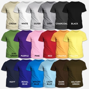 May include: A collection of short-sleeved t-shirts in various colors, including cream, white, silver, grey, charcoal, and black. Additional colors are kiwi green, purple, pink, red, orange, yellow, navy, royal blue, bright blue, light blue, dark chocolate, and military green. Each shirt has the color name printed below.