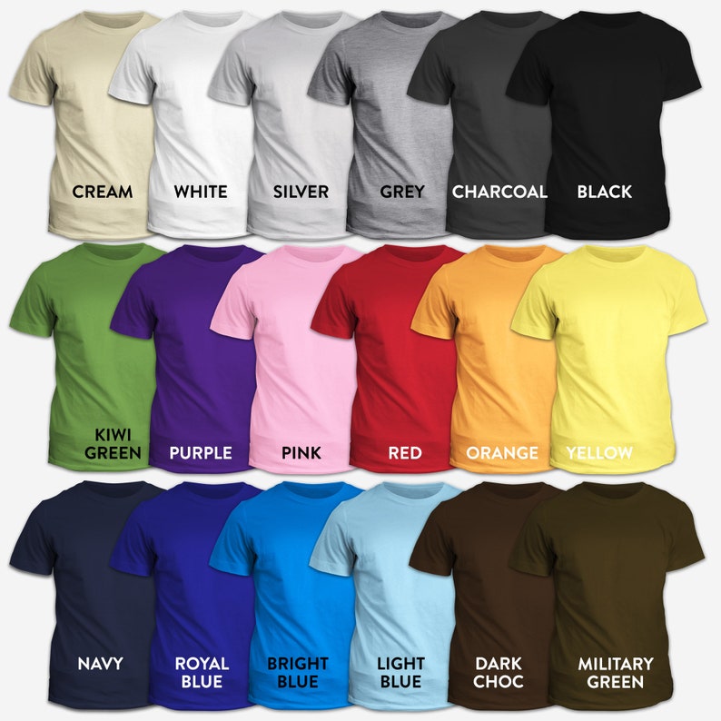 May include: A collection of short-sleeved t-shirts in various colors, including cream, white, silver, grey, charcoal, and black. Additional colors are kiwi green, purple, pink, red, orange, yellow, navy, royal blue, bright blue, light blue, dark chocolate, and military green. Each shirt has the color name printed below.