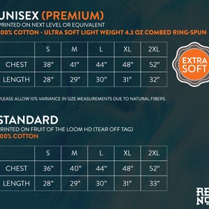 May include: Size chart for unisex t-shirts in two different styles: Premium and Standard. The chart shows chest and length measurements in inches for sizes S, M, L, XL, and 2XL. The Premium style is printed on Next Level or equivalent fabric, 100% cotton, ultra soft, light weight, 4.3 oz combed ring-spun. The Standard style is printed on Fruit of the Loom HD, 100% cotton.