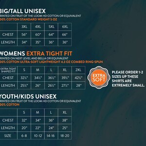 May include: Size chart for unisex t-shirts in big/tall, women's extra tight fit, and youth/kids sizes. The chart shows chest and length measurements in inches. The chart also includes size recommendations for youth/kids shirts.