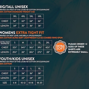 May include: Size chart for unisex t-shirts in big/tall, women's extra tight fit, and youth/kids sizes. The chart shows chest and length measurements in inches. The chart also includes size recommendations for youth/kids shirts.