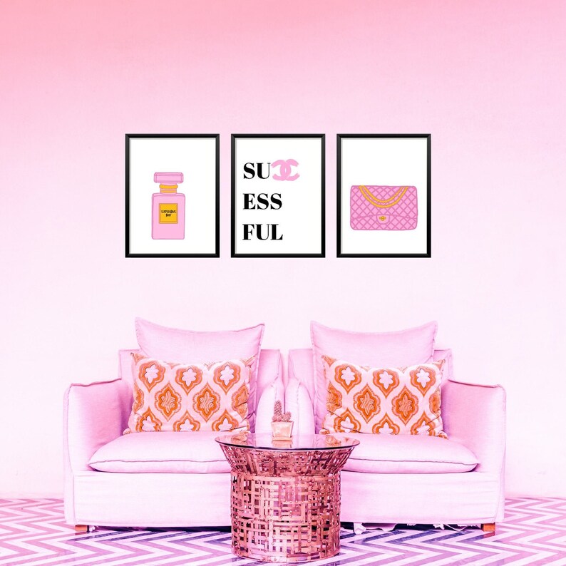 Chanel inspired wall art Digital art prints Pink designer Etsy
