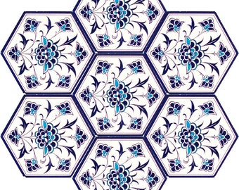 May include: Six hexagonal tiles with a white background and blue and black floral designs. The tiles are arranged in a honeycomb pattern.