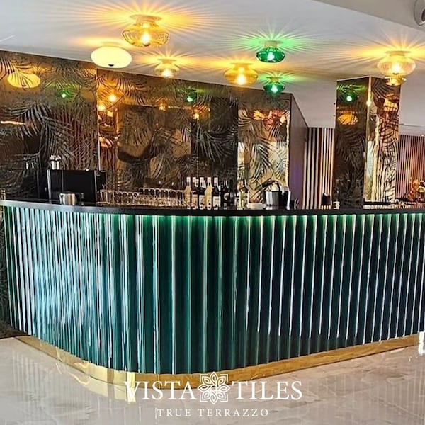 Bar Front Green Ceramic Corrugated Tile , Concave Ceramic tradition,handmade tile, Bar Front Tile,Shaped Tiles ( 9X20 cm sample tile)