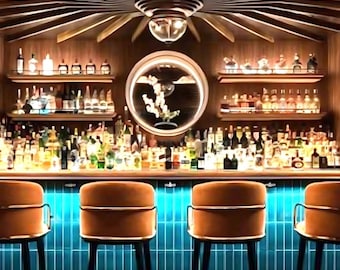 Puede incluir: Interior de un bar con una pared de azulejos azules y taburetes de bar marrones. La barra está abastecida con botellas e iluminada con luces azules. El techo tiene un diseño de madera único y el logotipo "Vista Tiles" es visible.