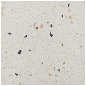 Puede incluir: Azulejo de terrazo blanco con pequeñas motas negras y marrones.