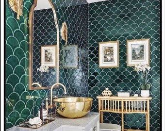Mosaic tiles( Sample),Handmade ceramic,Green Fish Scale Patterned Tile, Ceramic Tile,Fishscale Backsplash,Bathroom Design,tradition