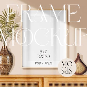 Boho wood frame mockup. Poster mockup. Modern art print mockup. Wall art mockup. PSD template mockup. Wood frame mockup. Digital file.