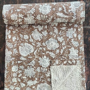 Indian Kantha Quilt Twin Size Queen Size King Size Block Print Quilted Indian Cotton kantha Bedding Bedspread dark brown indian throw