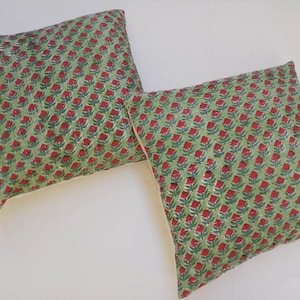 May include: Two green and red floral patterned throw pillows with white trim.