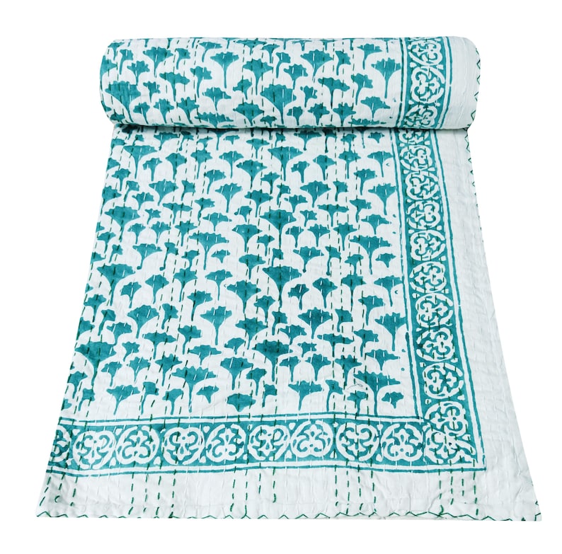 Green Kantha Quilt in Queen Size Bohemian Kantha Blanket Indian
