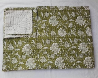 Green Kantha Quilt Indian Queen Kantha Bedding Bedspread Block Print Green Indian kantha Bedspread Indian Kantha Quilt Queen Size Twin