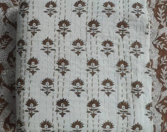 White Kantha Quilted Bedding Handblock Print Brown Floral Design autumn Summer Fall Kantha Quilt