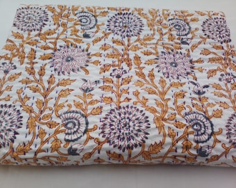 Floral Kantha Quilt Kantha Quilt Yellow Floral Kantha Twin queen king Quilt Kantha  Hand Block Queen Kantha quilt with 2 Pillow Cover Free