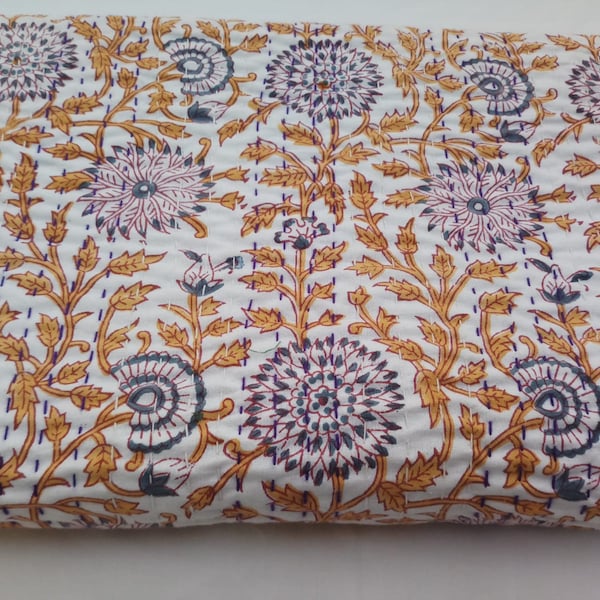 Floral Kantha Quilt Kantha Quilt Yellow Floral Kantha Twin queen king Quilt Kantha  Hand Block Queen Kantha quilt with 2 Pillow Cover Free