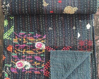 Colcha preta patchwork Kantha, colcha de todos os tamanhos, colcha de solteiro, queen size e king size, colcha preta king Kantha, colcha artesanal Kantha, king indiano