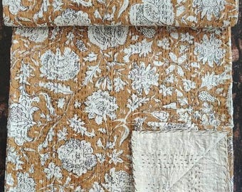 Kantha Quilt Tan Kantha quilt kantha quilt Queen block print quilted Indian kantha Quilt  King Indian kantha bedspread Indian Hand Block