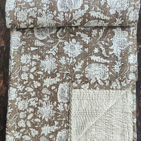 Couette kantha marron foncé chocolat + 2 taies d'oreiller de taille standard 20 x 26 pouces gratuit pour toutes les tailles de couette