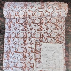 Kantha Quilt Brun Handblock Kantha Quilt bomull handgjord filt Kantha sängöverkast indiskt sängkläder överkast twin/singel storlek vintage Twin bild 1