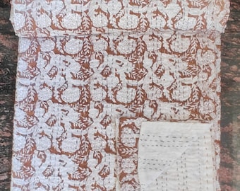 Kantha Quilt Brown Hand block kantha quilt cotton handmade blanket kantha bed cover indian bedding bedspread twin / single size vintage Twin