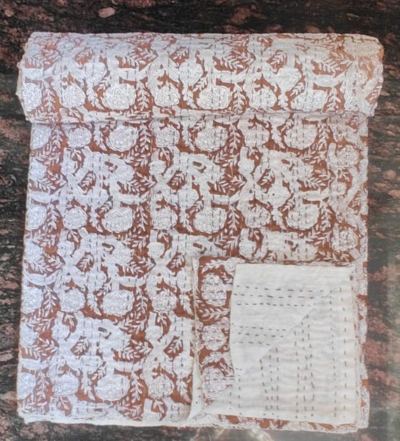 Kantha Quilt Brown Hand block kantha quilt cotton handmade blanket kantha bed cover indian bedding bedspread twin / single size vintage Twin