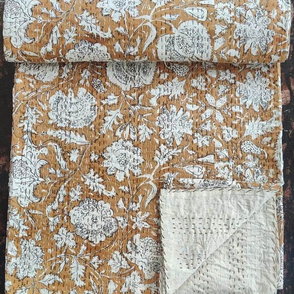 Kantha Indian Kantha quilt kantha quilt Queen block print quilted Indian kantha Quilt Beige Indian kantha bedspread Indian Hand Block Print