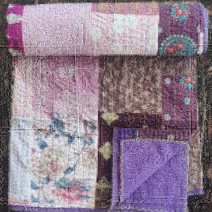 Patchwork Brown Kantha Quilt Indian Kantha quilt Hand Block print Kantha Purle king kantha Handwork Patchwork King Kantha Quilt