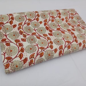 Indian Hand Block Cotton Kantha Quilts Handmade Reversible Floral Bed Cover Boho Ethnic Kantha Gudri Blanket, Sofa Cover King /Queen /Twin