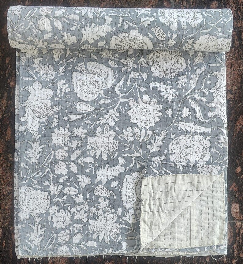 Kantha Quilt Brun Handblock Kantha Quilt bomull handgjord filt Kantha sängöverkast indiskt sängkläder överkast twin/singel storlek vintage Twin Pattern 9