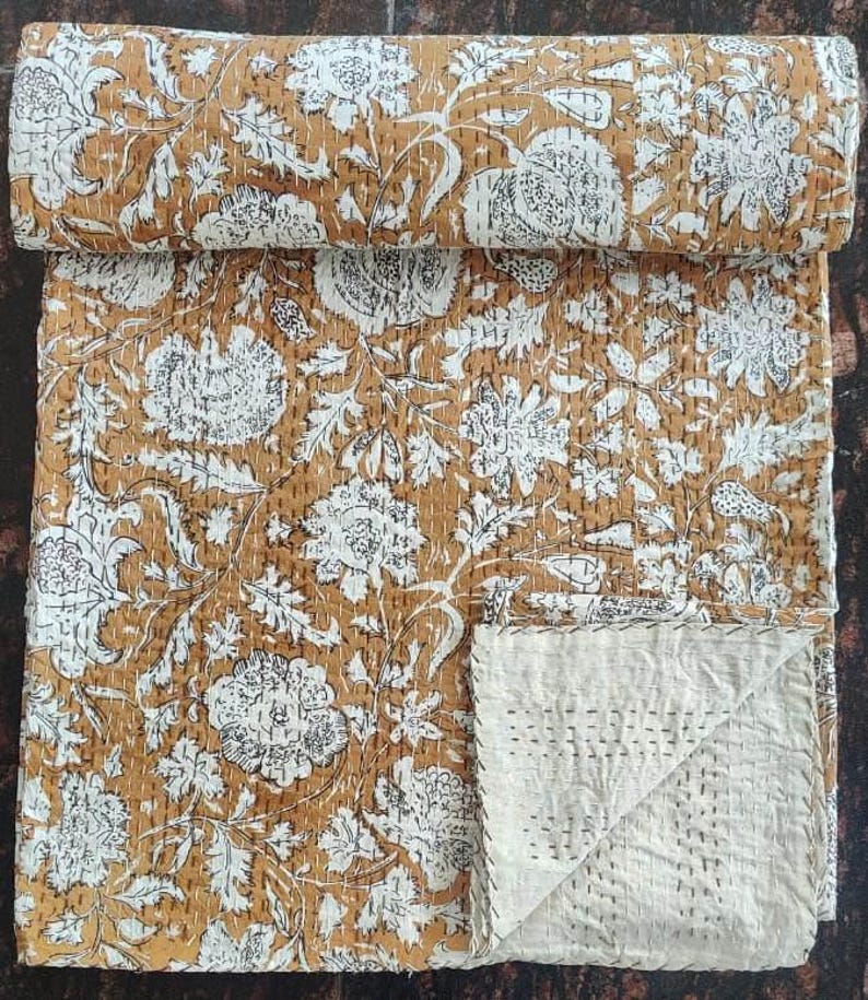 Kantha Quilt Brun Handblock Kantha Quilt bomull handgjord filt Kantha sängöverkast indiskt sängkläder överkast twin/singel storlek vintage Twin Pattern 7