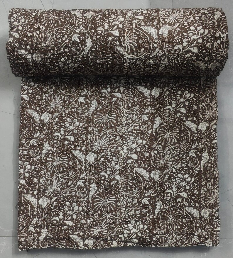 Kantha Quilt Brun Handblock Kantha Quilt bomull handgjord filt Kantha sängöverkast indiskt sängkläder överkast twin/singel storlek vintage Twin Pattern 6