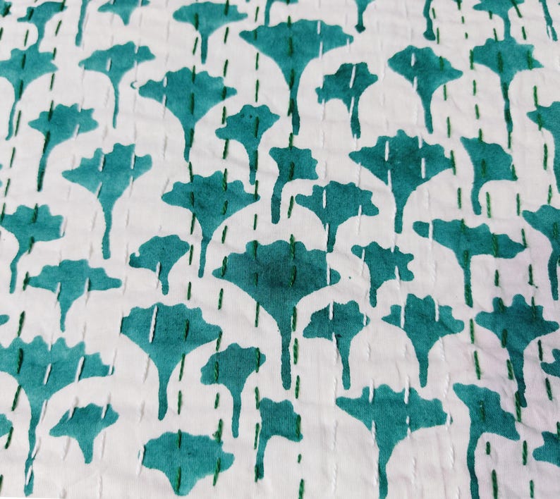 Green Kantha Quilt in Queen Size Bohemian Kantha Blanket Indian