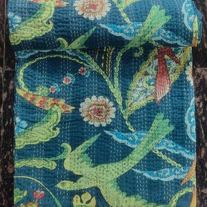 Blue Print Kantha Quilt Indian Kantha quilt kantha quilt Queen block print quilted bedspread Indian kantha Quilt Blue Queen Size Kantha Quil