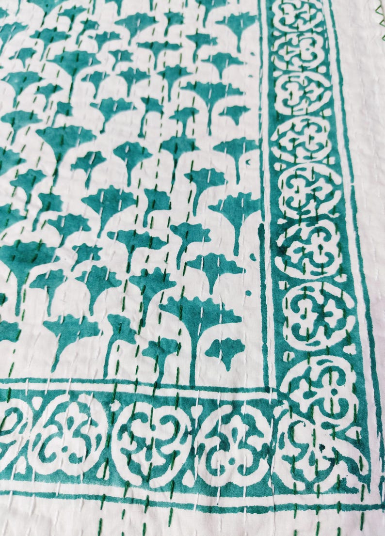 Green Kantha Quilt in Queen Size Bohemian Kantha Blanket Indian