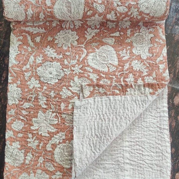 Peach Queen Kantha Quilt Indianer Kantha Quilt Queen King-Size Cover taupe QuiltIndian Kantha Quilt Peach Blockdruck Kantha Quilted