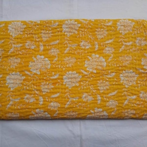 Yellow Queen Kantha Quilt Yellow Floral Bedding Bedspread yellow flowers quilted yellow blanket yellow throw neutral king sized cover taupe