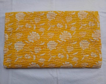 Yellow Queen Kantha Quilt Yellow Floral Bedding Bedspread yellow flowers quilted yellow blanket yellow throw neutral king sized cover taupe