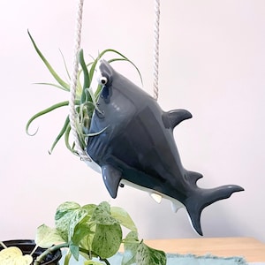 Op de afbeelding: Een hangende plantenbak in de vorm van een grijze haai met witte accenten. De keramische haaienplanter wordt opgehangen aan een dik, crèmekleurig touw. De haai bevat een groene plant met lange, slanke bladeren.