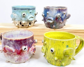 Pufferfish mug w/ handle. Handmade ceramic cup. Funny face fish art. Spiky blowfish cup for ocean lovers, animal lovers. Unique artisan mug